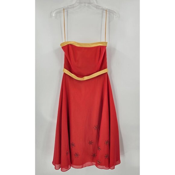 Raylia Designs Strapless A-line Coral w/Gold Trim Formal Satiny Dress Sz 12 - Picture 1 of 6